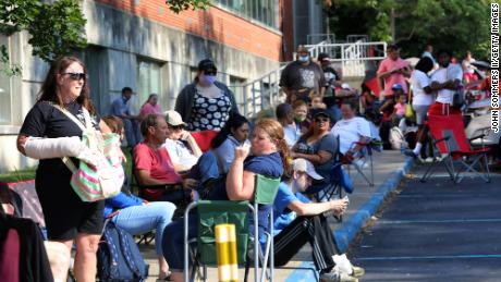 Hundreds of unemployed Kentucky residents wait in long lines outside the Kentucky Career Center for help with their unemployment claims on June 19, 2020 in Frankfort, Kentucky. (Photo by John Sommers II/Getty Images)